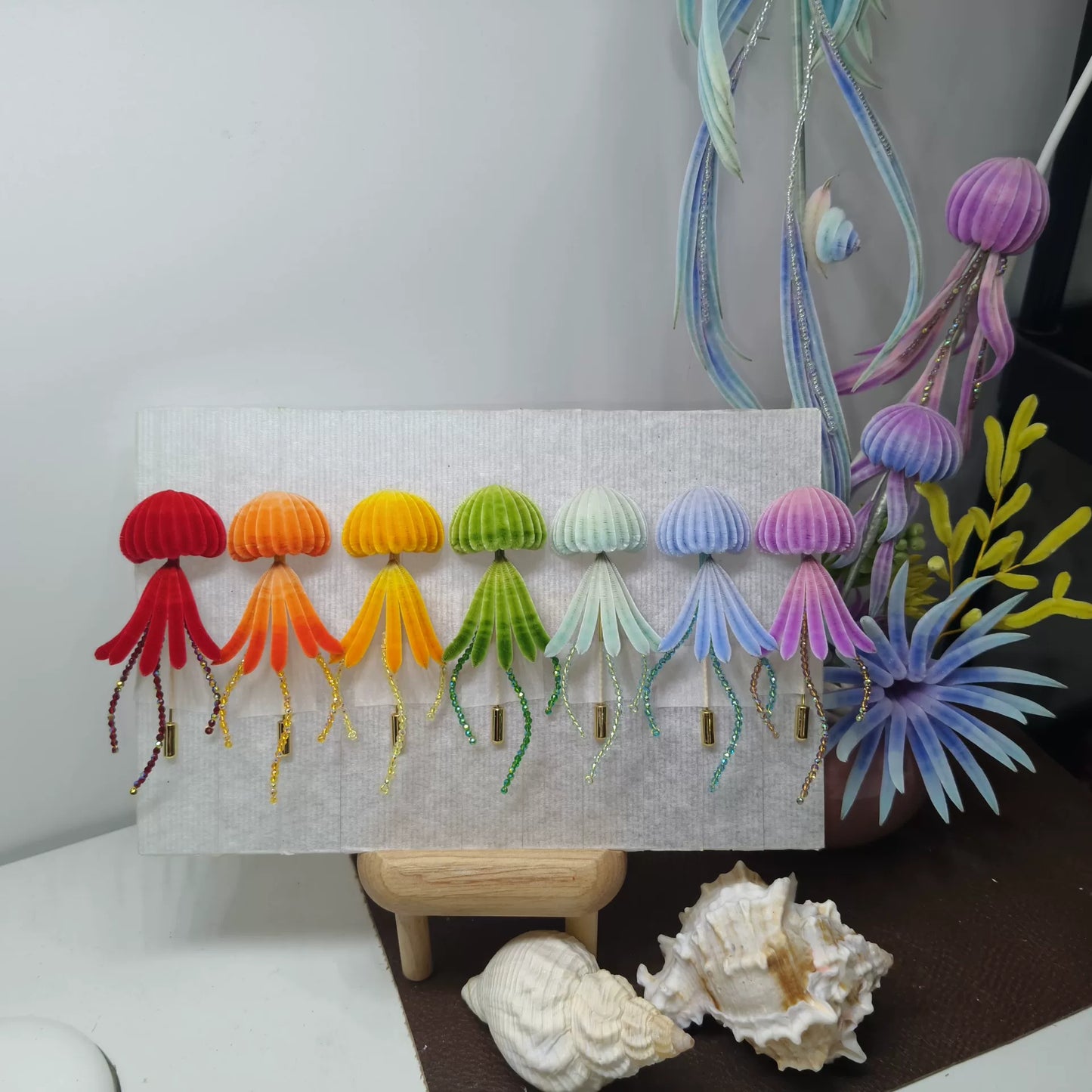 Handmade Ronghua jellyfish brooch rainbow colors – natural mulberry silk velvet Chinese craft with beaded tentacles