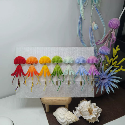 Handmade Ronghua jellyfish brooch rainbow colors – natural mulberry silk velvet Chinese craft with beaded tentacles