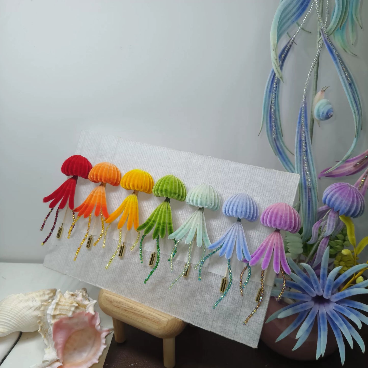 Handmade Ronghua Jellyfish Brooch - Rainbow Velvet Silk Pin
