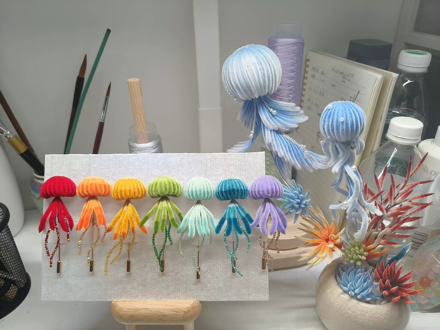 Handmade Ronghua Jellyfish Brooch - Rainbow Velvet Silk Pin