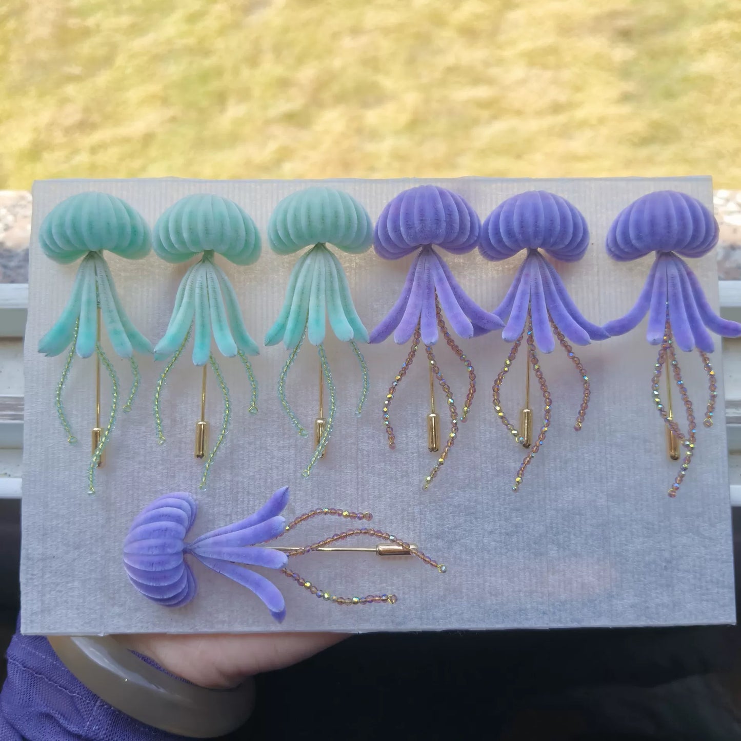 Handmade Ronghua Jellyfish Brooch - Rainbow Velvet Silk Pin