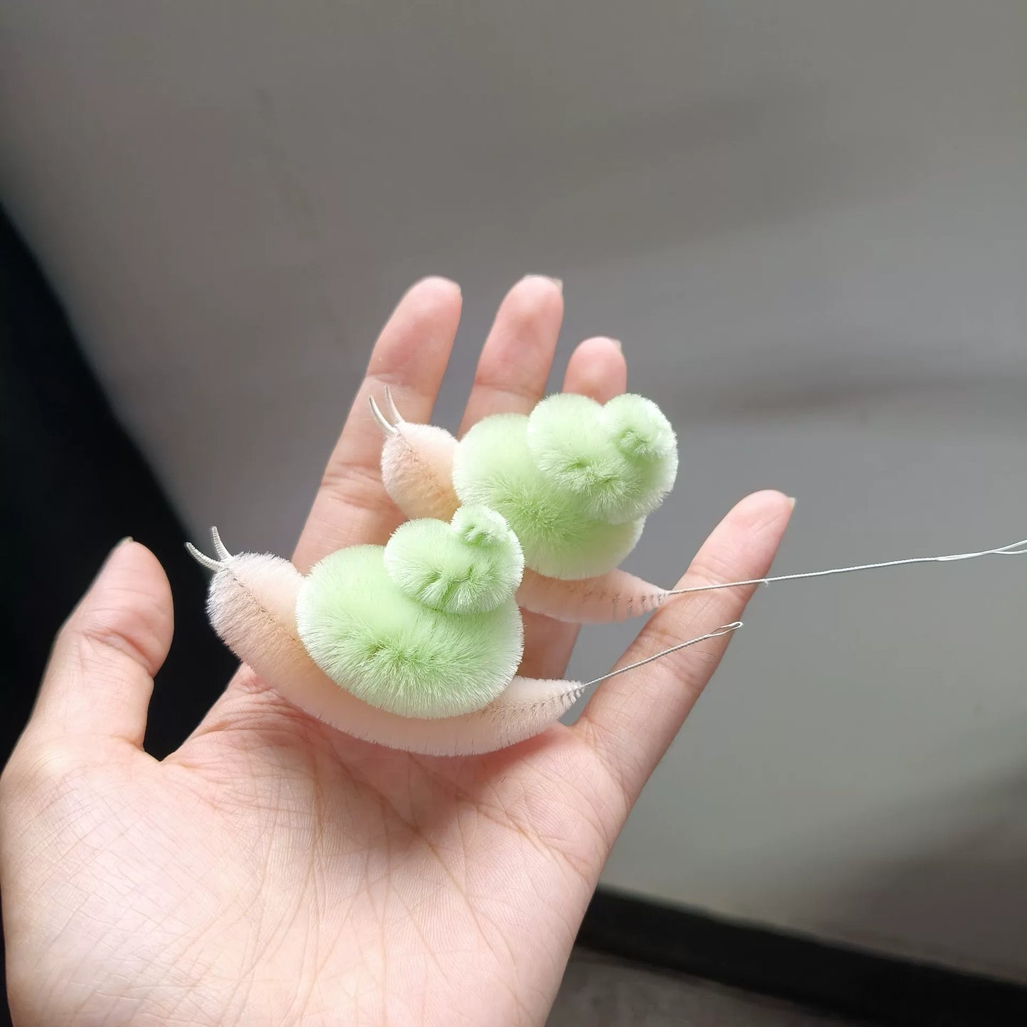 Handmade Ronghua large snail ornament in mint green velvet – natural mulberry silk Chinese velvet flower display piece with fluffy shell