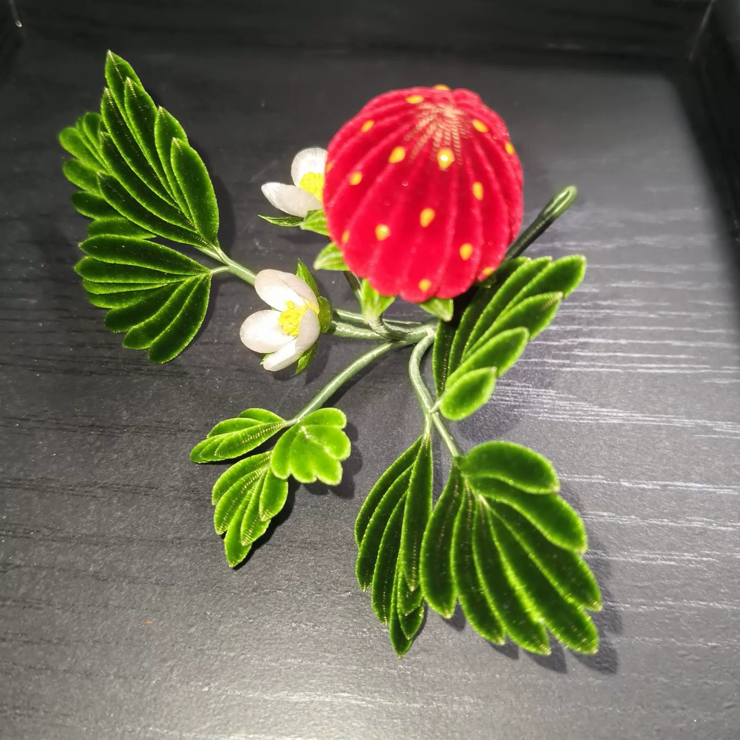 Handmade Ronghua strawberry hair pin in red velvet – natural mulberry silk Chinese velvet flower accessory with green leaves and white blossoms