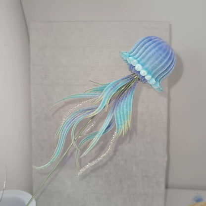 Handmade Ronghua jellyfish ornament in blue velvet – natural mulberry silk Chinese velvet flower display piece with flowing tentacles