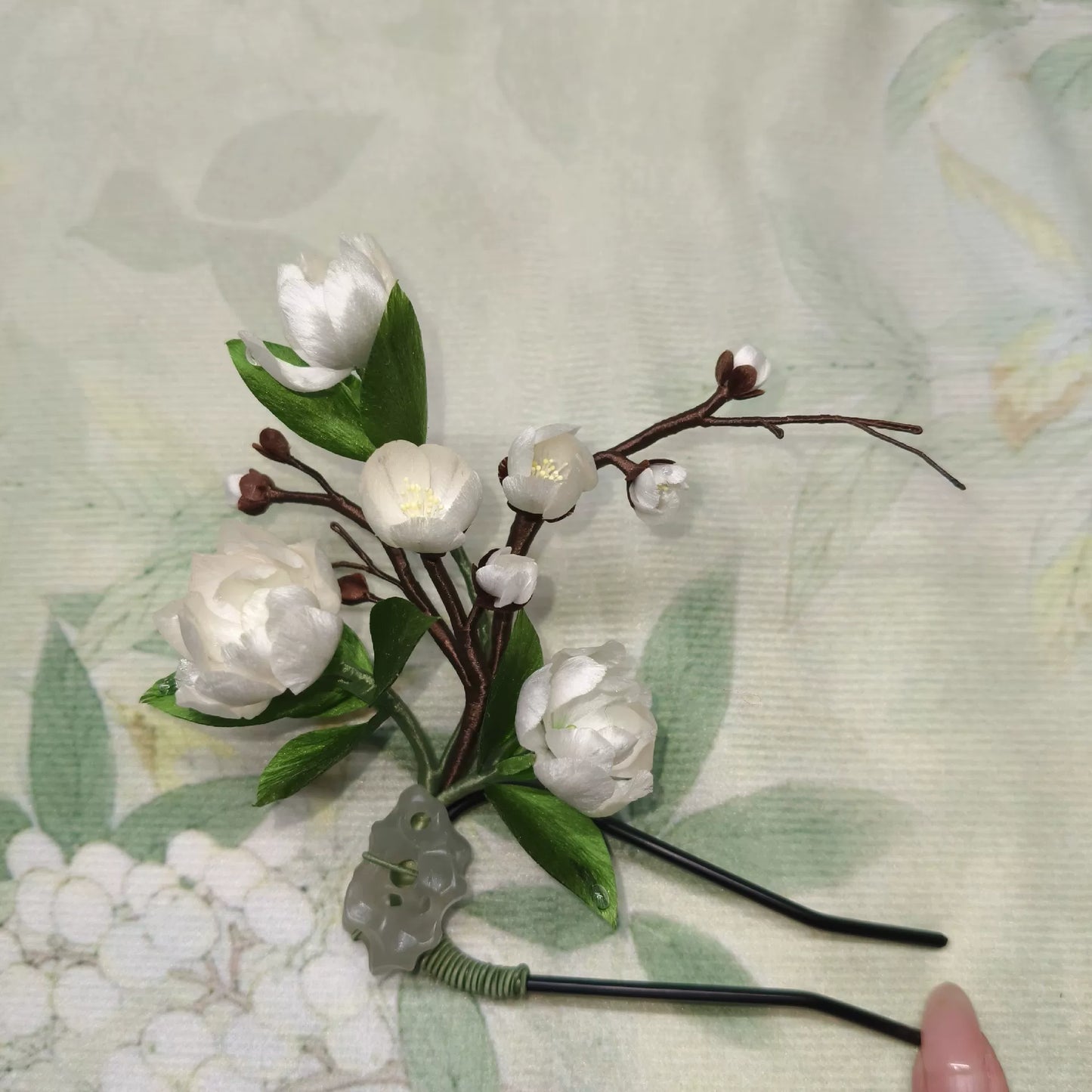 Handmade Ronghua Jasmine Hair Pin - Natural Mulberry Silk Flower