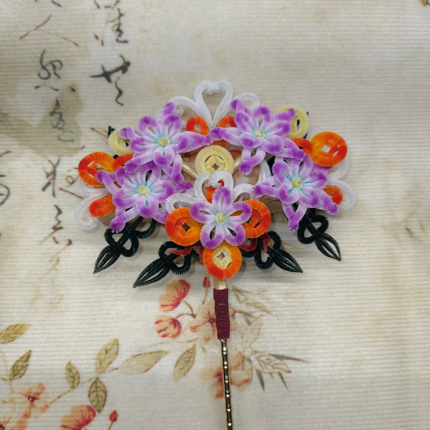 Handmade Ronghua money tree hair pin Palace Museum style – natural mulberry silk velvet Chinese accessory with colorful flowers and coins