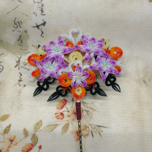 Handmade Ronghua money tree hair pin Palace Museum style – natural mulberry silk velvet Chinese accessory with colorful flowers and coins