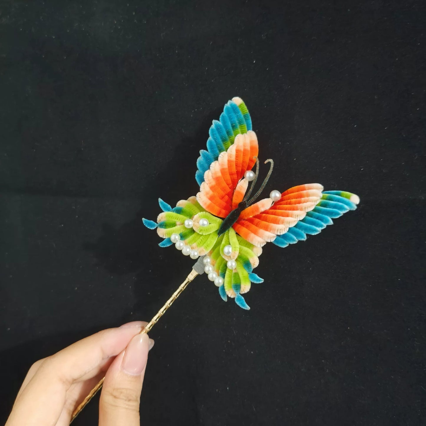 Handmade Ronghua butterfly hair pin in colorful velvet – natural mulberry silk Chinese velvet flower accessory with pearl beads