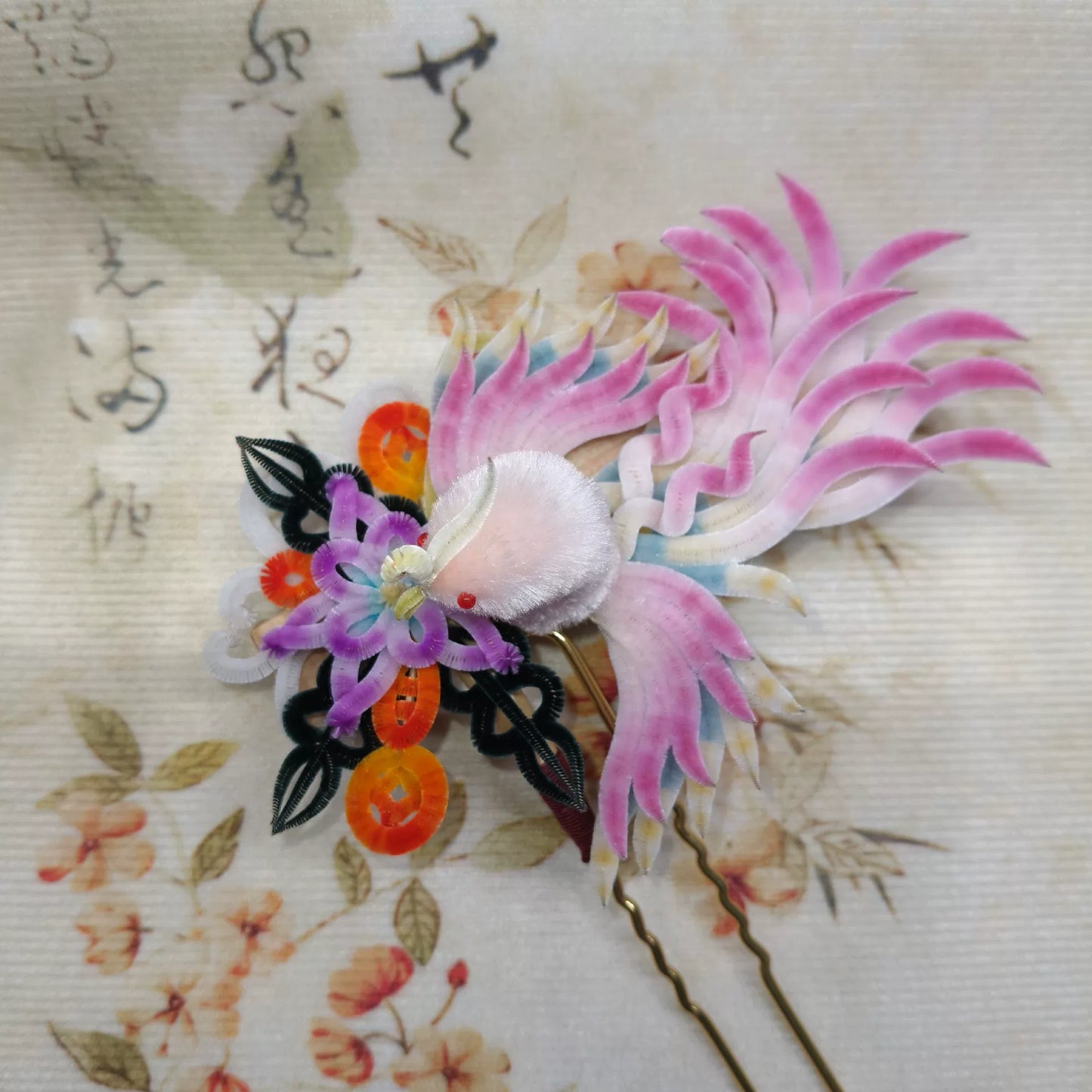 Handmade Ronghua phoenix hairpin with white phoenix and colorful silk velvet flowers on gold pin