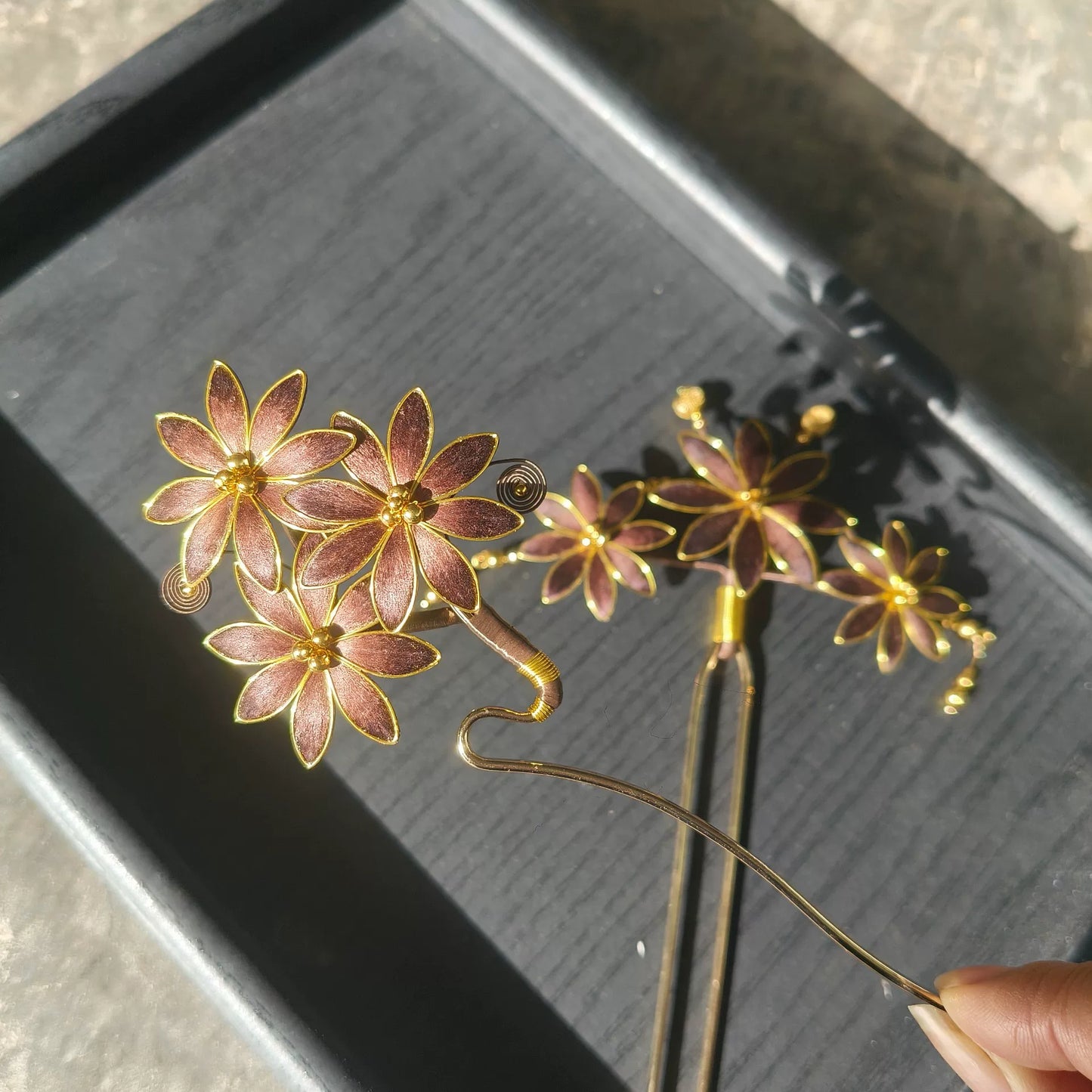 Handmade Ronghua Flower Hairpin - Mulberry Silk Velvet Blossom Hair Pin with Gold Accents