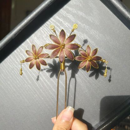 Handmade Ronghua Flower Hairpin - Mulberry Silk Velvet Blossom Hair Pin with Gold Accents