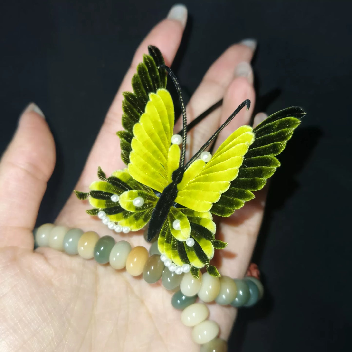 Handmade Ronghua butterfly hairpin in yellow and green mulberry silk velvet with pearl accents, Chinese velvet butterfly hair pin