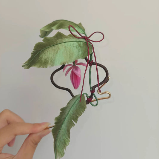 Handmade Ronghua Banana Leaf Hairpin - Mulberry Silk Velvet Plant Hair Pin with Pink Flower