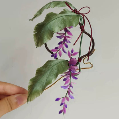 Handmade Ronghua Wisteria with Banana Leaf Hairpin - Mulberry Silk Velvet Flower Hair Pin