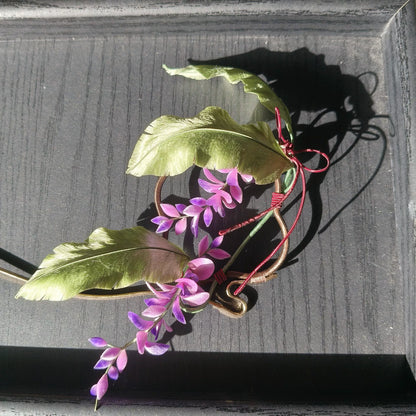 Handmade Ronghua Wisteria with Banana Leaf Hairpin - Mulberry Silk Velvet Flower Hair Pin