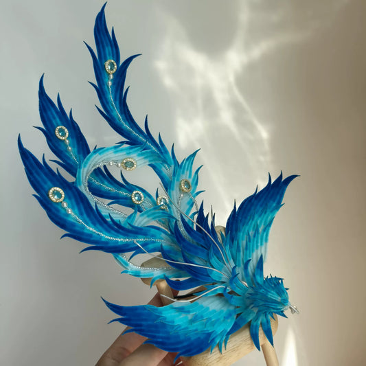 Handmade Ronghua Blue Phoenix Ornament - Natural Silk Velvet Feather Decoration