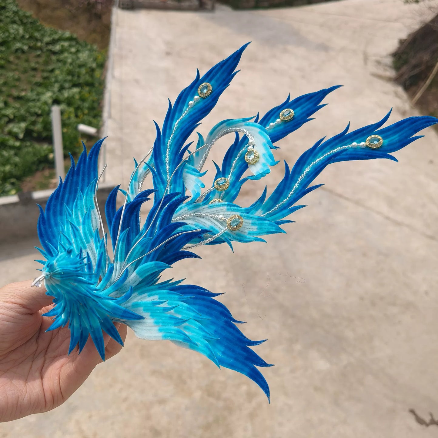 Handmade Ronghua Blue Phoenix Ornament - Natural Silk Velvet Feather Decoration