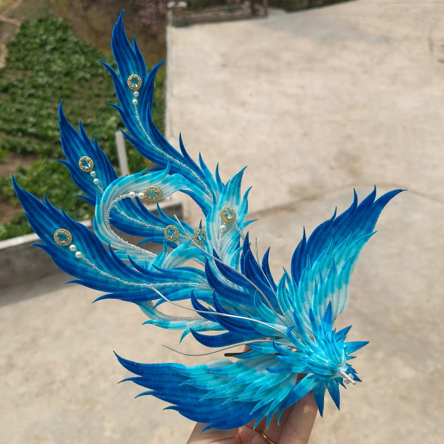 Handmade Ronghua Blue Phoenix Ornament - Natural Silk Velvet Feather Decoration