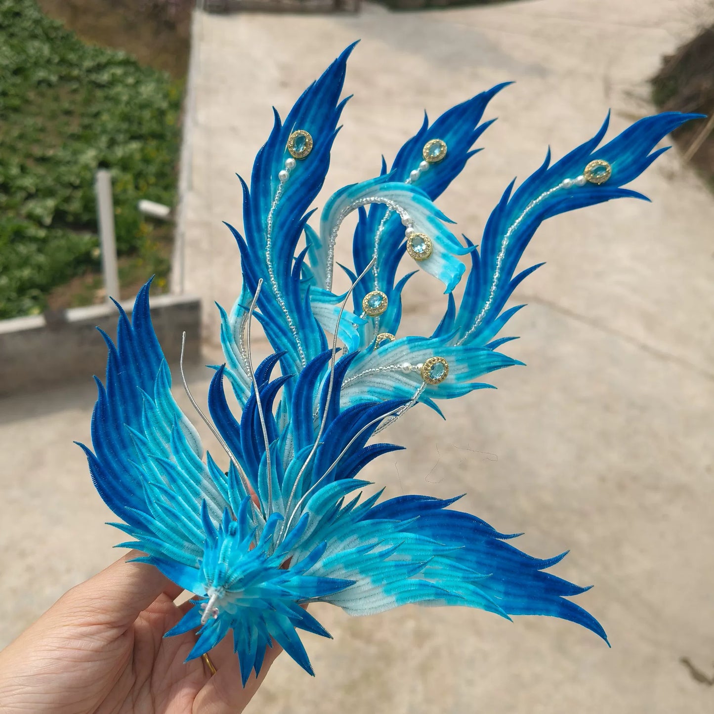 Handmade Ronghua Blue Phoenix Ornament - Natural Silk Velvet Feather Decoration