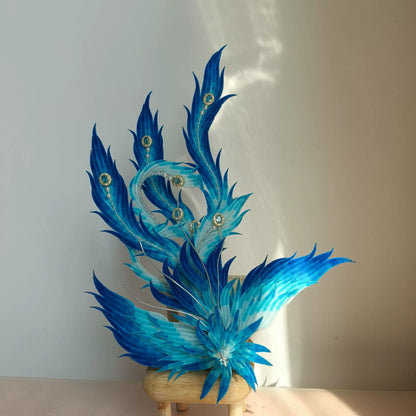 Handmade Ronghua Blue Phoenix Ornament - Natural Silk Velvet Feather Decoration
