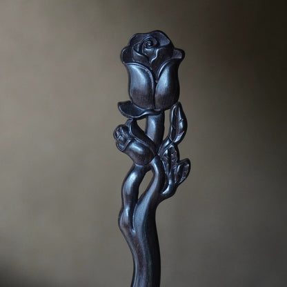 Natural African Blackwood Hair Stick - Rose Flower Design #玫瑰