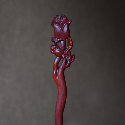 Natural African Blackwood Hair Stick - Rose Flower Design #玫瑰