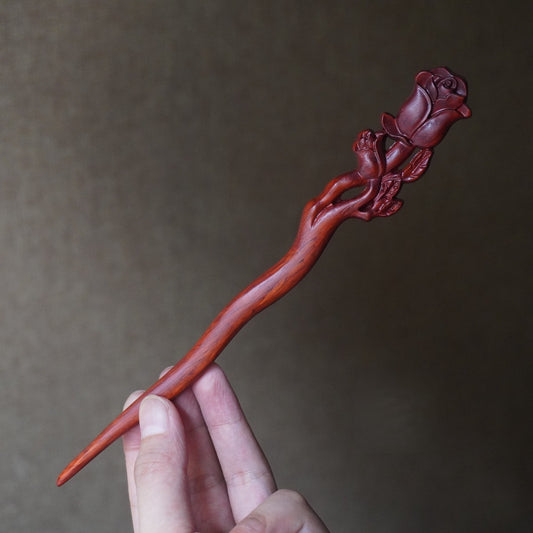 Natural African Blackwood Hair Stick - Rose Flower Design #玫瑰