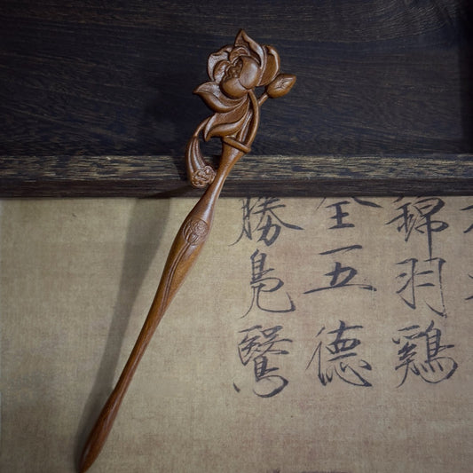 Natural Golden Phoebe Hair Stick - Floating Lotus Design 19.8cm #浮世莲