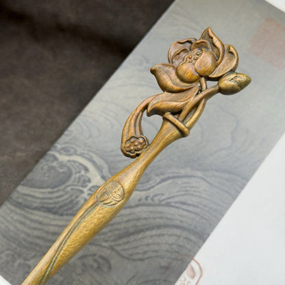 Natural Golden Phoebe Hair Stick - Floating Lotus Design 19.8cm #浮世莲