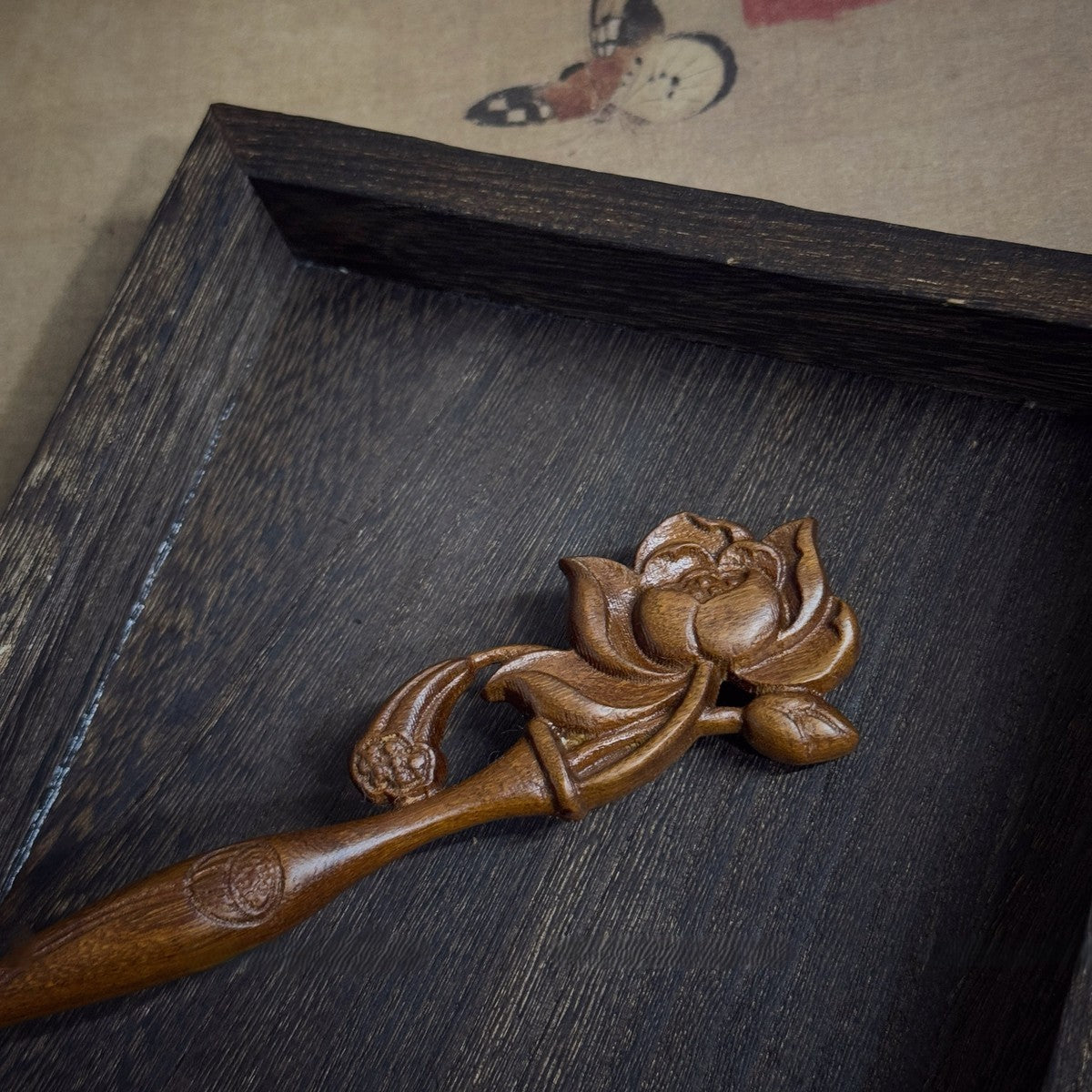 Natural Golden Phoebe Hair Stick - Floating Lotus Design 19.8cm #浮世莲