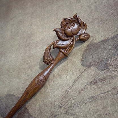 Natural Golden Phoebe Hair Stick - Floating Lotus Design 19.8cm #浮世莲