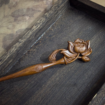 Natural Golden Phoebe Hair Stick - Floating Lotus Design 19.8cm #浮世莲