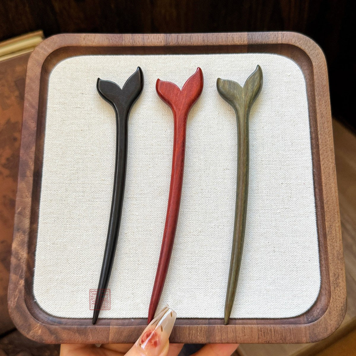 Natural African Blackwood and Green Sandalwood Hair Stick Set - Fish Tail Design #小鱼尾