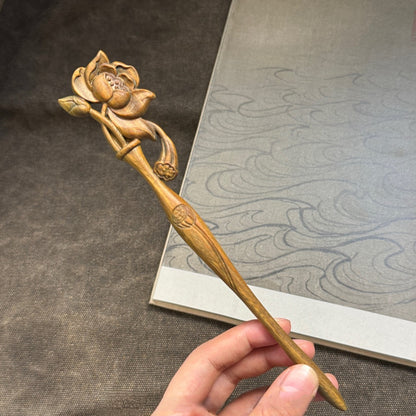 Natural Golden Phoebe Hair Stick - Floating Lotus Design 19.8cm #浮世莲