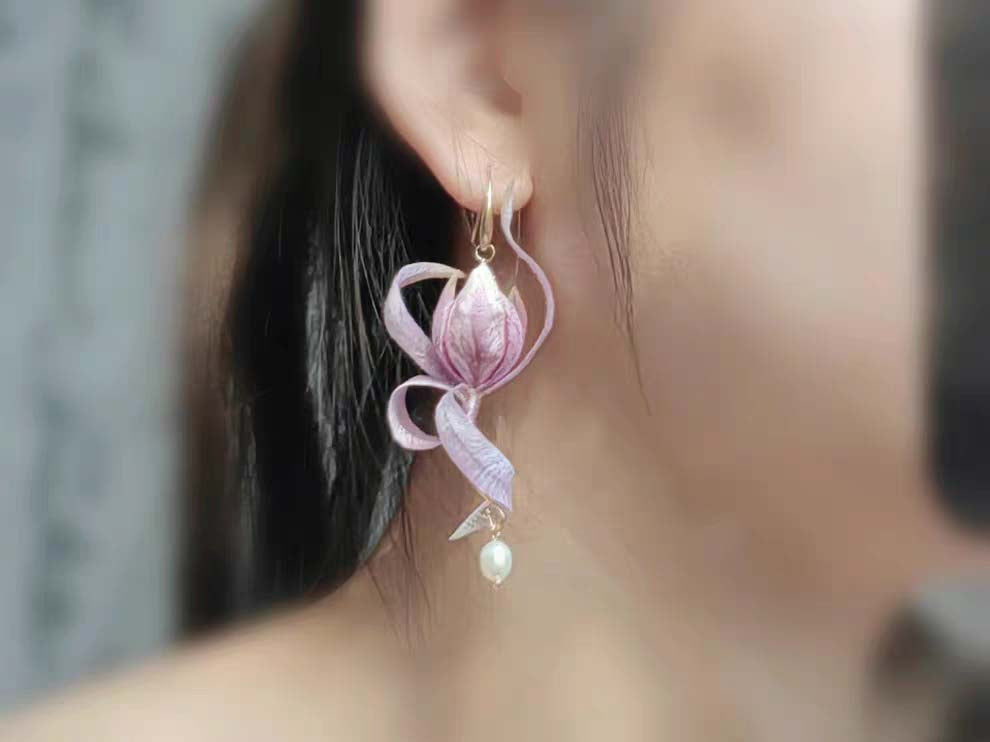 Lotus Bespoke Earrings - Silk Earrings(Ronghua)